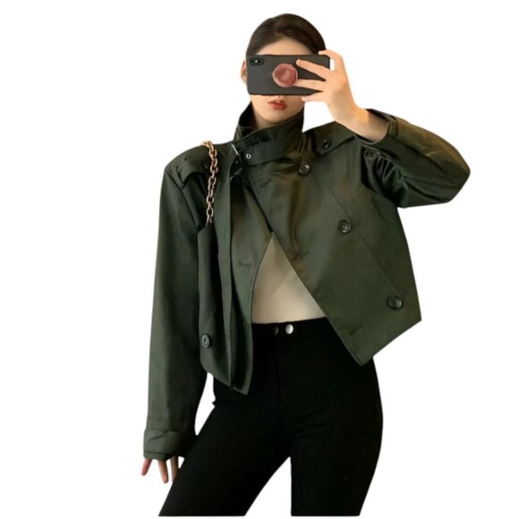 Zara Cropped Double-Breasted Utility Pea Coat Jacket, Dark Khaki, Small - Picture 11 of 13